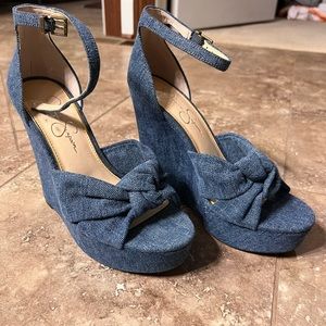 Never worn. Size 8. Jessica Simpson Denim Wedges.